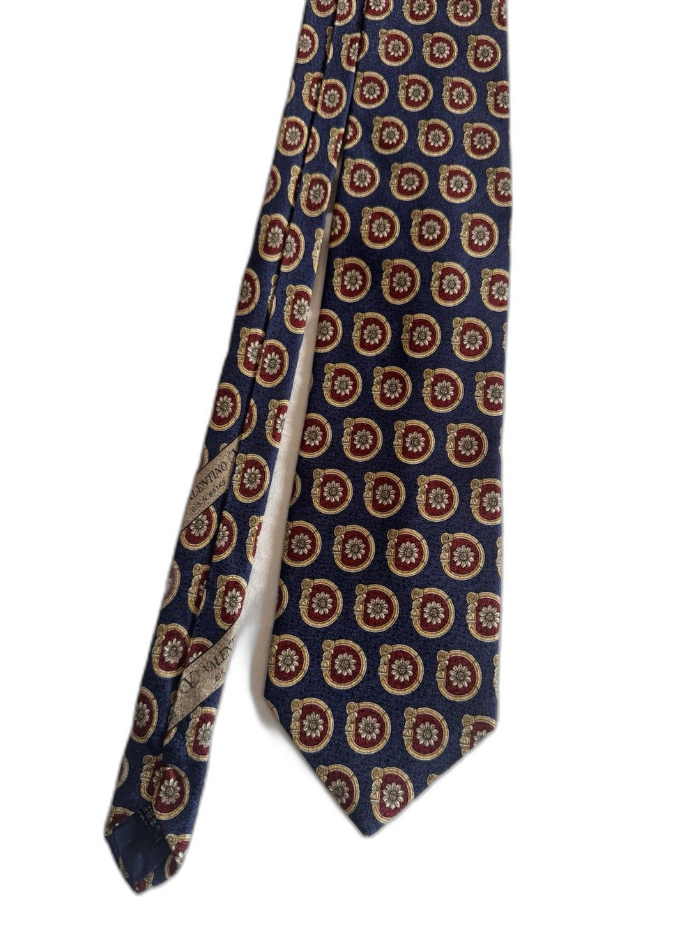 Vintage Valentino Cravatte Silk Tie Made in Italy Wide 4" Navy Medallion